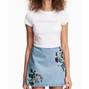 H&M X Coachella Women’s 8 Floral Embroidered Denim Skirt Cotton